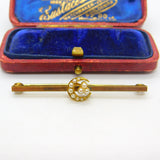 12ct Yellow Gold Cased & Seed Pearl Crescent Sweetheart Brooch c1920 Antique