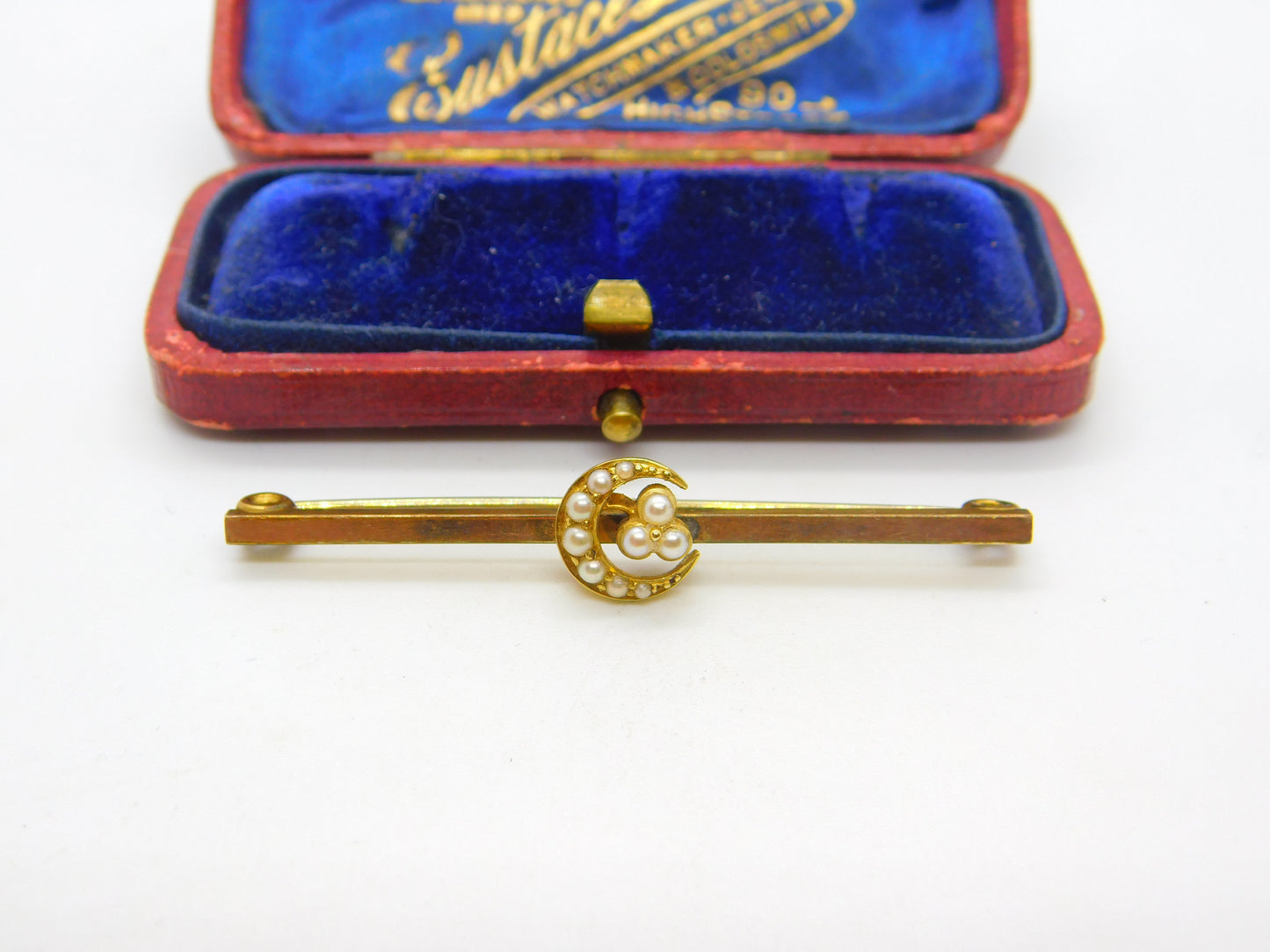 12ct Yellow Gold Cased & Seed Pearl Crescent Sweetheart Brooch c1920 Antique