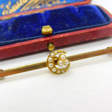 12ct Yellow Gold Cased & Seed Pearl Crescent Sweetheart Brooch c1920 Antique