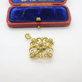 Edwardian 9ct Yellow Gold Seed Pearl Set Floral Drop Pendant c1910 Antique