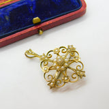Edwardian 9ct Yellow Gold Seed Pearl Set Floral Drop Pendant c1910 Antique