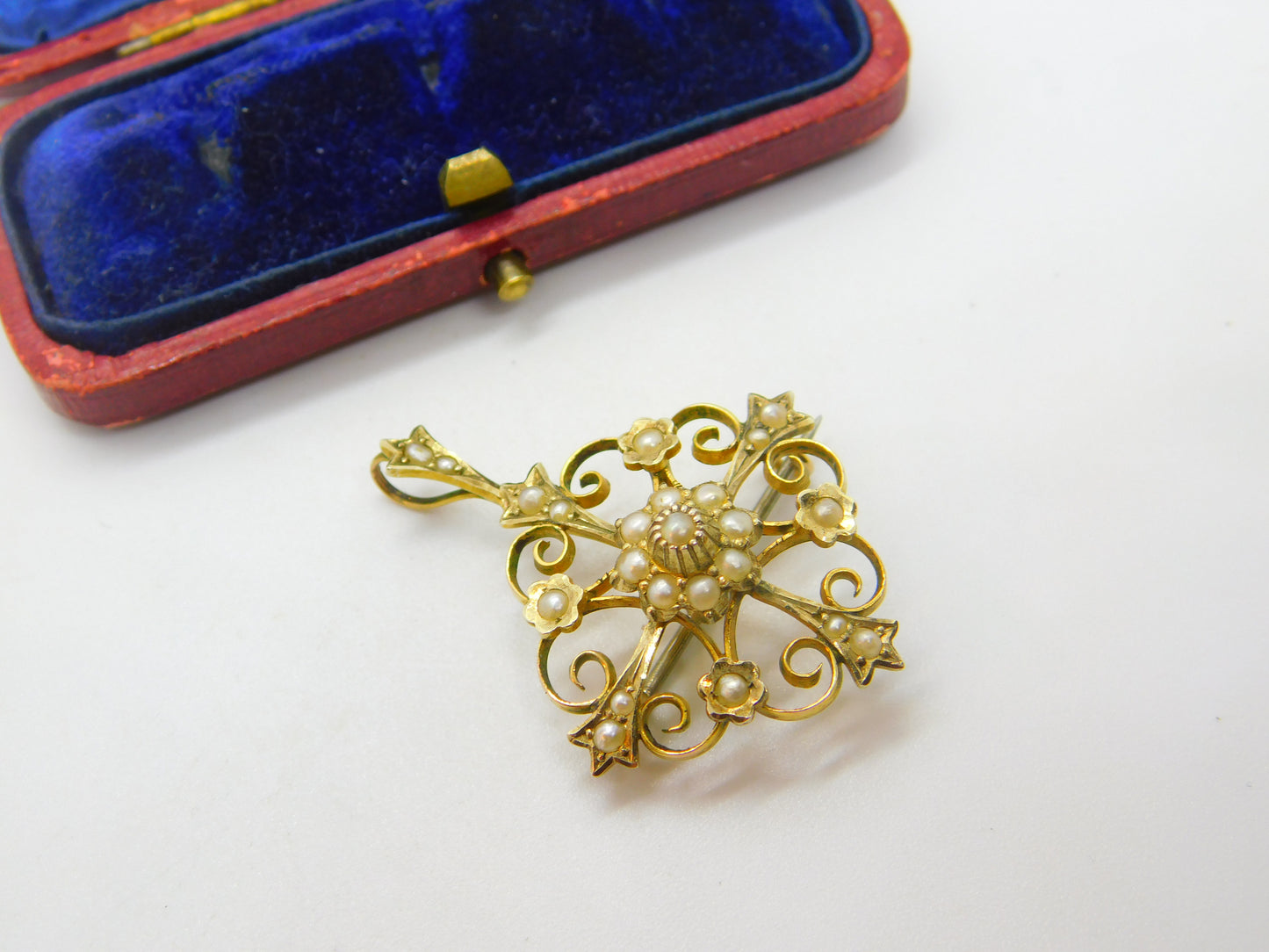 Edwardian 9ct Yellow Gold Seed Pearl Set Floral Drop Pendant c1910 Antique