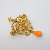 Edwardian 15ct Gold, Seed Pearl, Coral Set Lavalier Drop Pendant Antique c1910