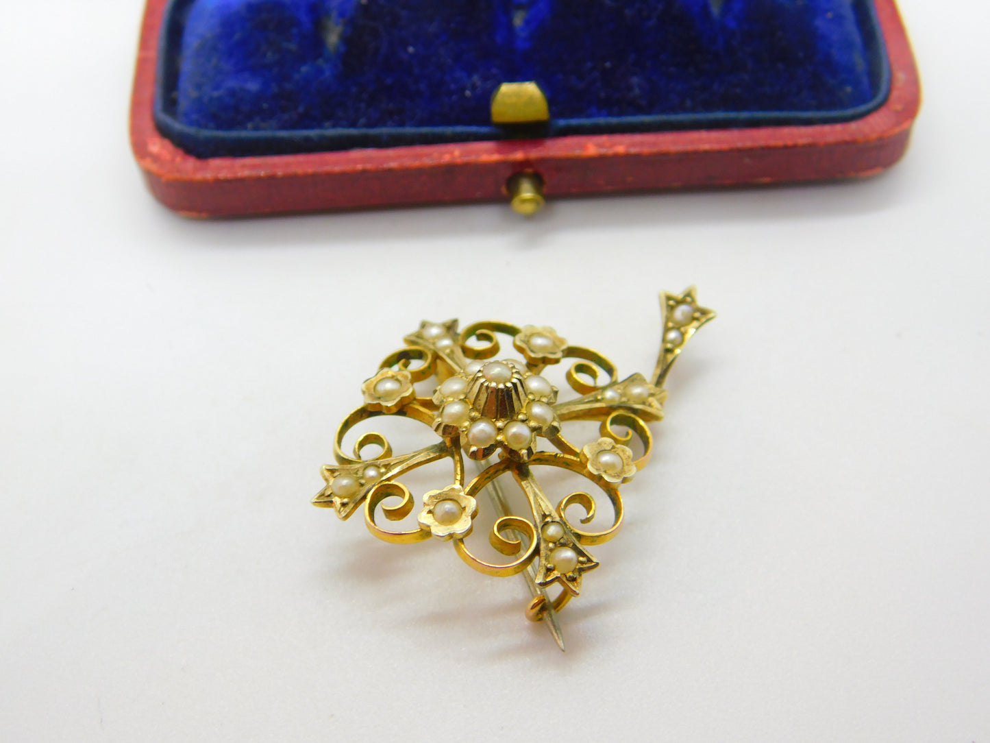 Edwardian 9ct Yellow Gold Seed Pearl Set Floral Drop Pendant c1910 Antique