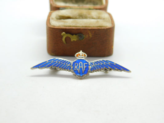 WWII-era Sterling Silver & Enamel RAF Wings Sweetheart Brooch c1940 Antique