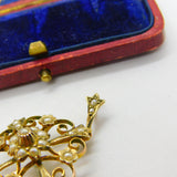 Edwardian 9ct Yellow Gold Seed Pearl Set Floral Drop Pendant c1910 Antique
