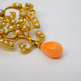 Edwardian 15ct Gold, Seed Pearl, Coral Set Lavalier Drop Pendant Antique c1910