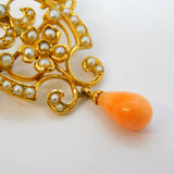 Edwardian 15ct Gold, Seed Pearl, Coral Set Lavalier Drop Pendant Antique c1910