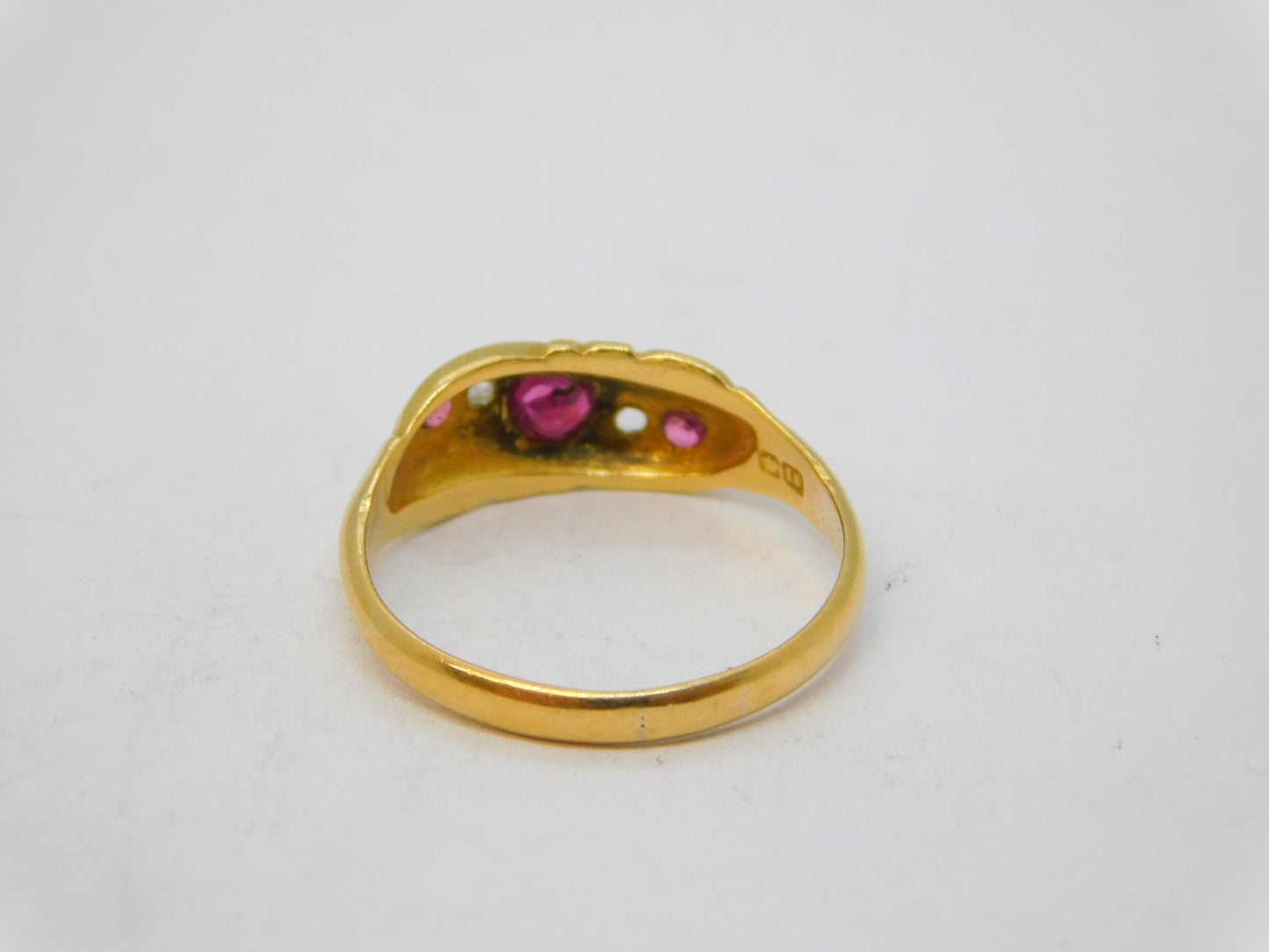 Edwardian 18ct Gold, Ruby & Diamond Floral Boat Ring Antique 1907 Chester
