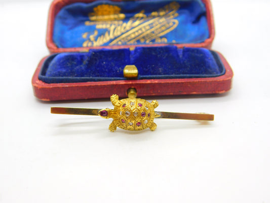 18ct Yellow Gold, Pave Set Ruby & Diamond Turtle Sweetheart Brooch c1920