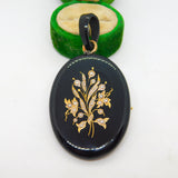 Victorian 9ct Gold Inlaid Whitby Jet Floral Mourning Pendant Antique c1860