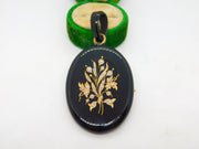 Victorian 9ct Gold Inlaid Whitby Jet Floral Mourning Pendant Antique c1860