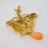 Edwardian 15ct Gold, Seed Pearl, Coral Set Lavalier Drop Pendant Antique c1910