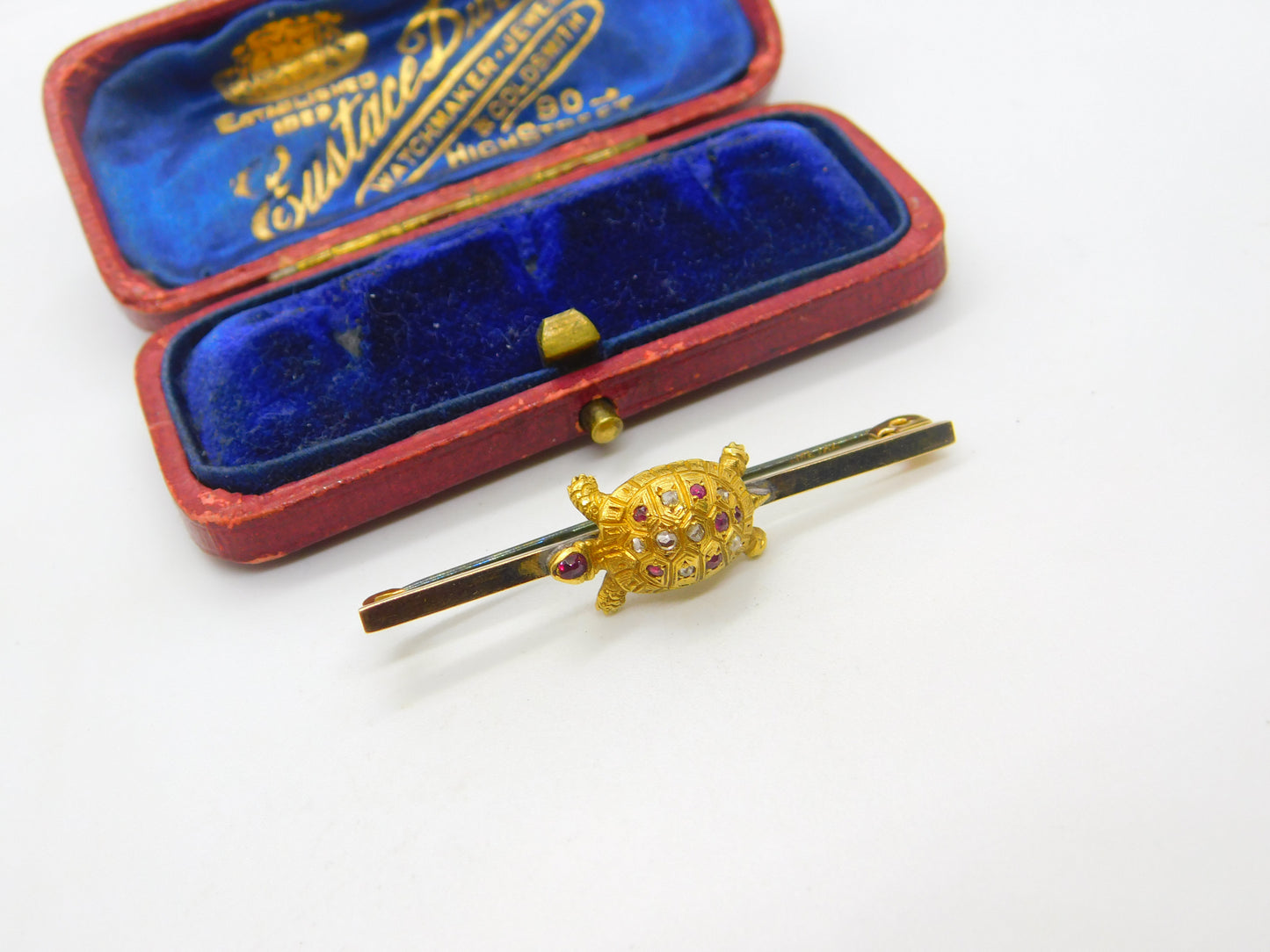 18ct Yellow Gold, Pave Set Ruby & Diamond Turtle Sweetheart Brooch c1920