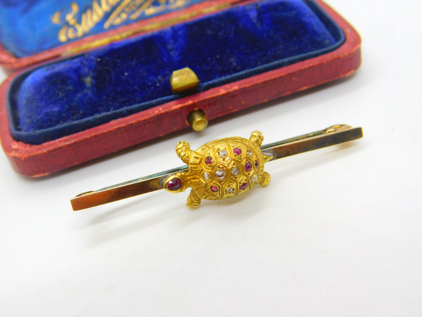 18ct Yellow Gold, Pave Set Ruby & Diamond Turtle Sweetheart Brooch c1920