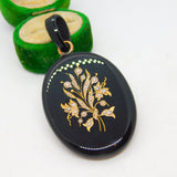 Victorian 9ct Gold Inlaid Whitby Jet Floral Mourning Pendant Antique c1860