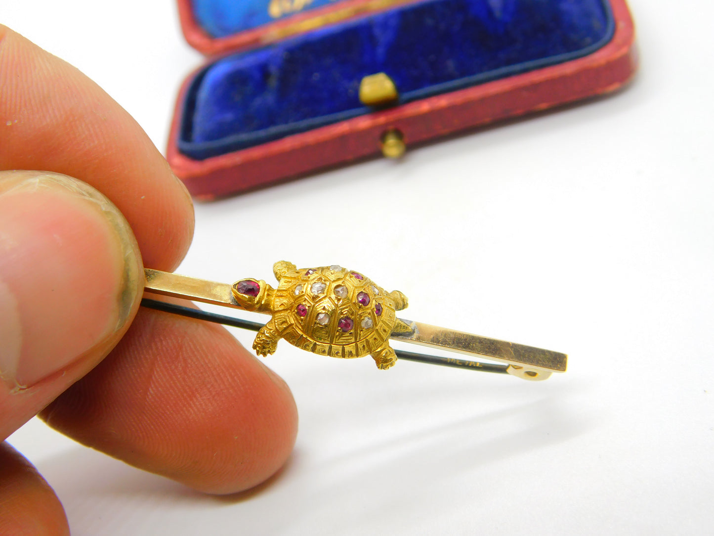 18ct Yellow Gold, Pave Set Ruby & Diamond Turtle Sweetheart Brooch c1920