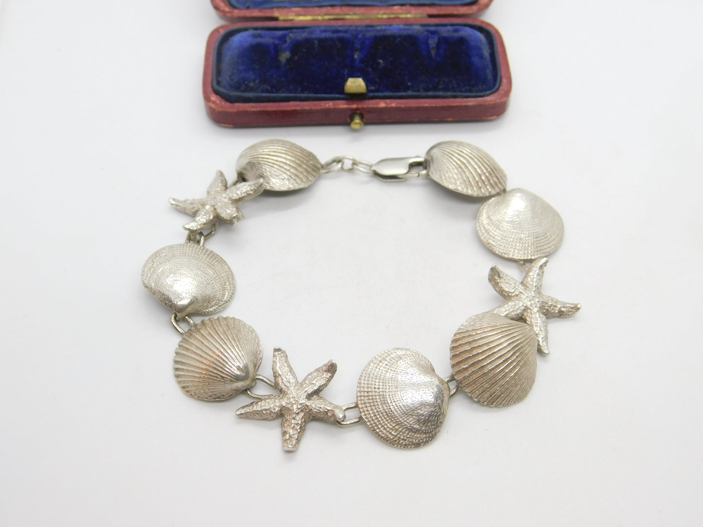 Sterling Silver Seashell & Starfish Handmade Bracelet Vintage c1970 7" Length