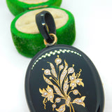 Victorian 9ct Gold Inlaid Whitby Jet Floral Mourning Pendant Antique c1860