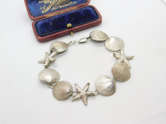 Sterling Silver Seashell & Starfish Handmade Bracelet Vintage c1970 7" Length