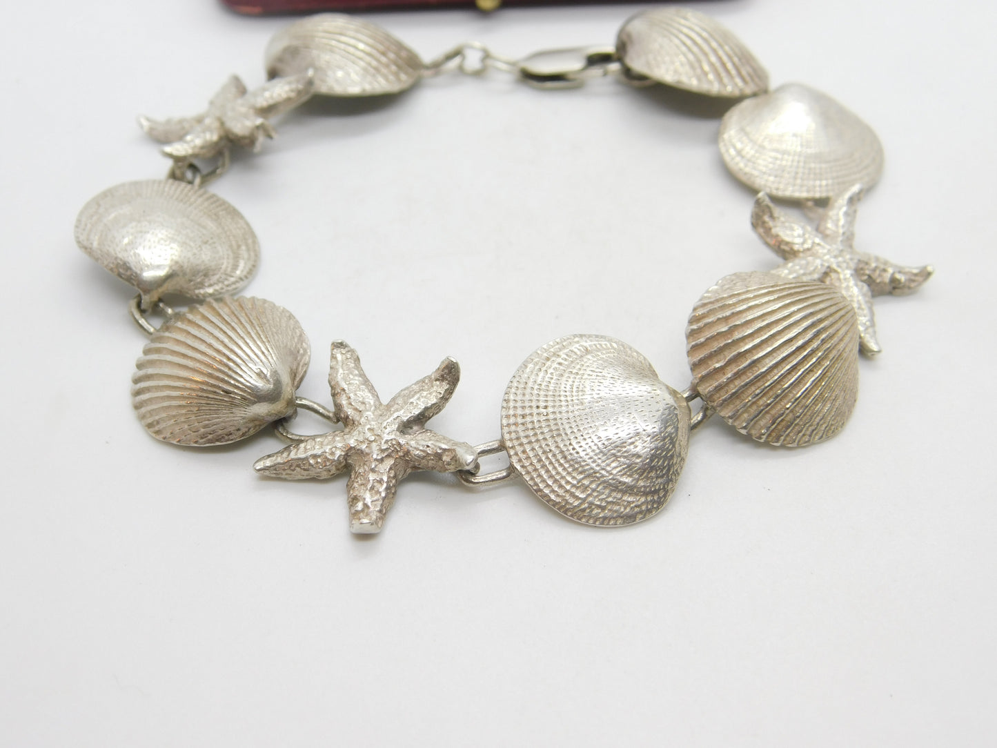 Sterling Silver Seashell & Starfish Handmade Bracelet Vintage c1970 7" Length