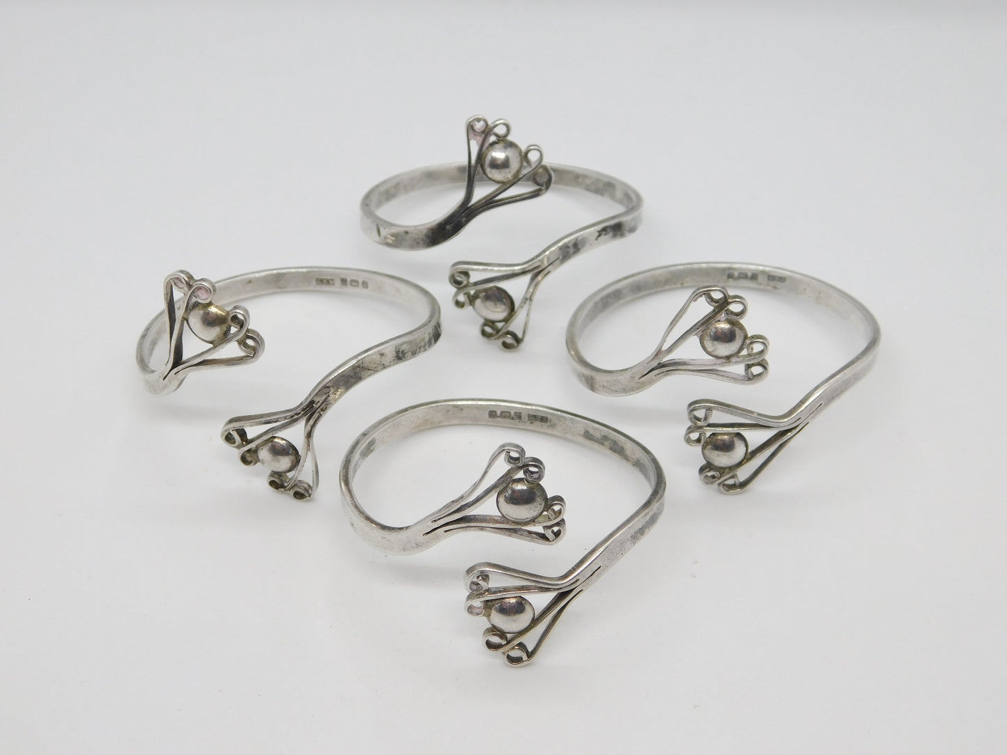 Chris Morphy Modernist Sterling Silver Floral Set of Napkin Rings 1987 Vintage