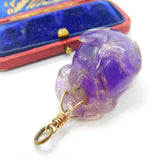 Chinese 9ct Gold & Carved Amethyst Beetle Insect Large Drop Pendant Antique