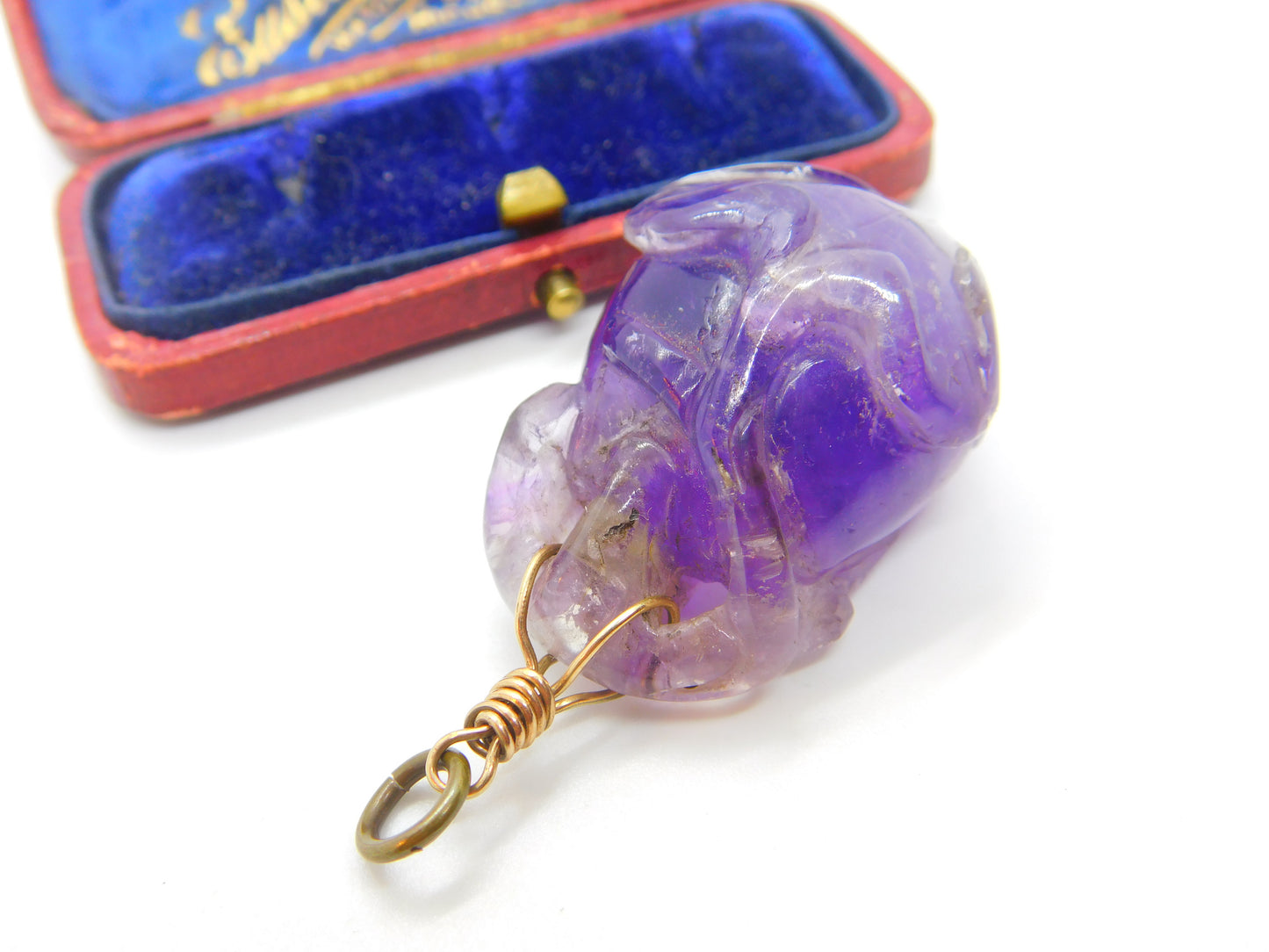 Chinese 9ct Gold & Carved Amethyst Beetle Insect Large Drop Pendant Antique