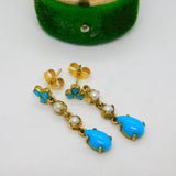 9ct Gold Victorian Style Pearl & Turquoise Drop Earrings Vintage 1991 London