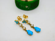 9ct Gold Victorian Style Pearl & Turquoise Drop Earrings Vintage 1991 London