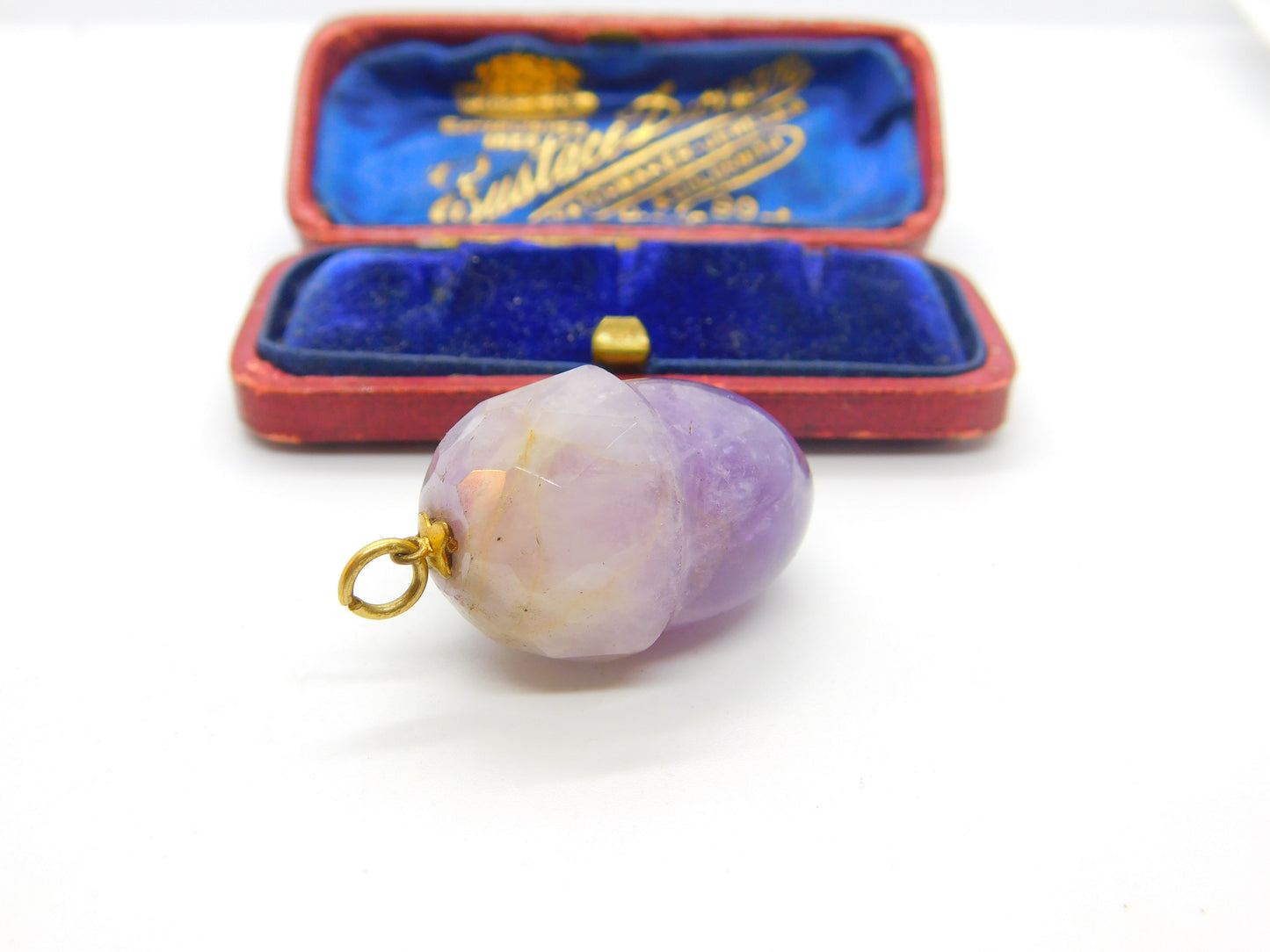 9ct Gold & Carved Amethyst Lucky Acorn Drop Pendant Antique c1920 Art Deco