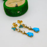 9ct Gold Victorian Style Pearl & Turquoise Drop Earrings Vintage 1991 London