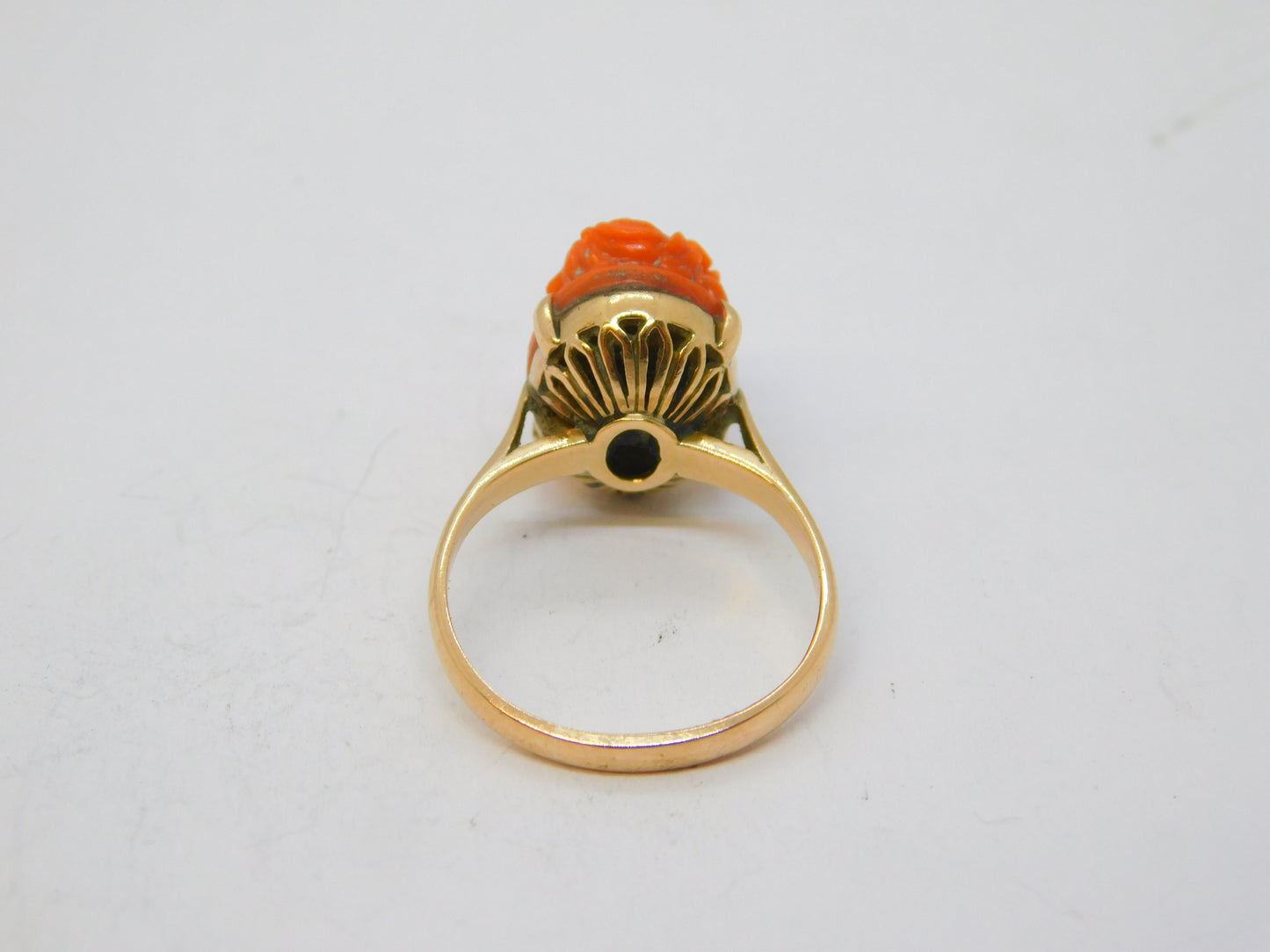 19th Century 15ct Gold Carved Red Coral Cameo Dress Ring Antique c1860