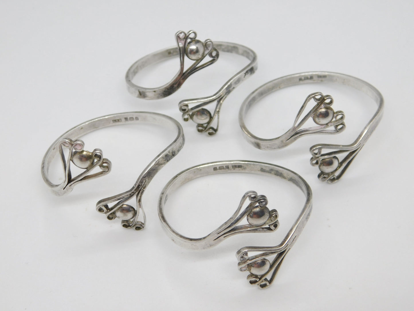 Chris Morphy Modernist Sterling Silver Floral Set of Napkin Rings 1987 Vintage