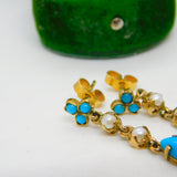 9ct Gold Victorian Style Pearl & Turquoise Drop Earrings Vintage 1991 London