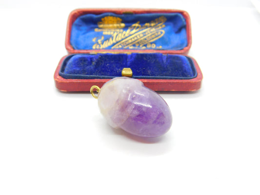 9ct Gold & Carved Amethyst Lucky Acorn Drop Pendant Antique c1920 Art Deco