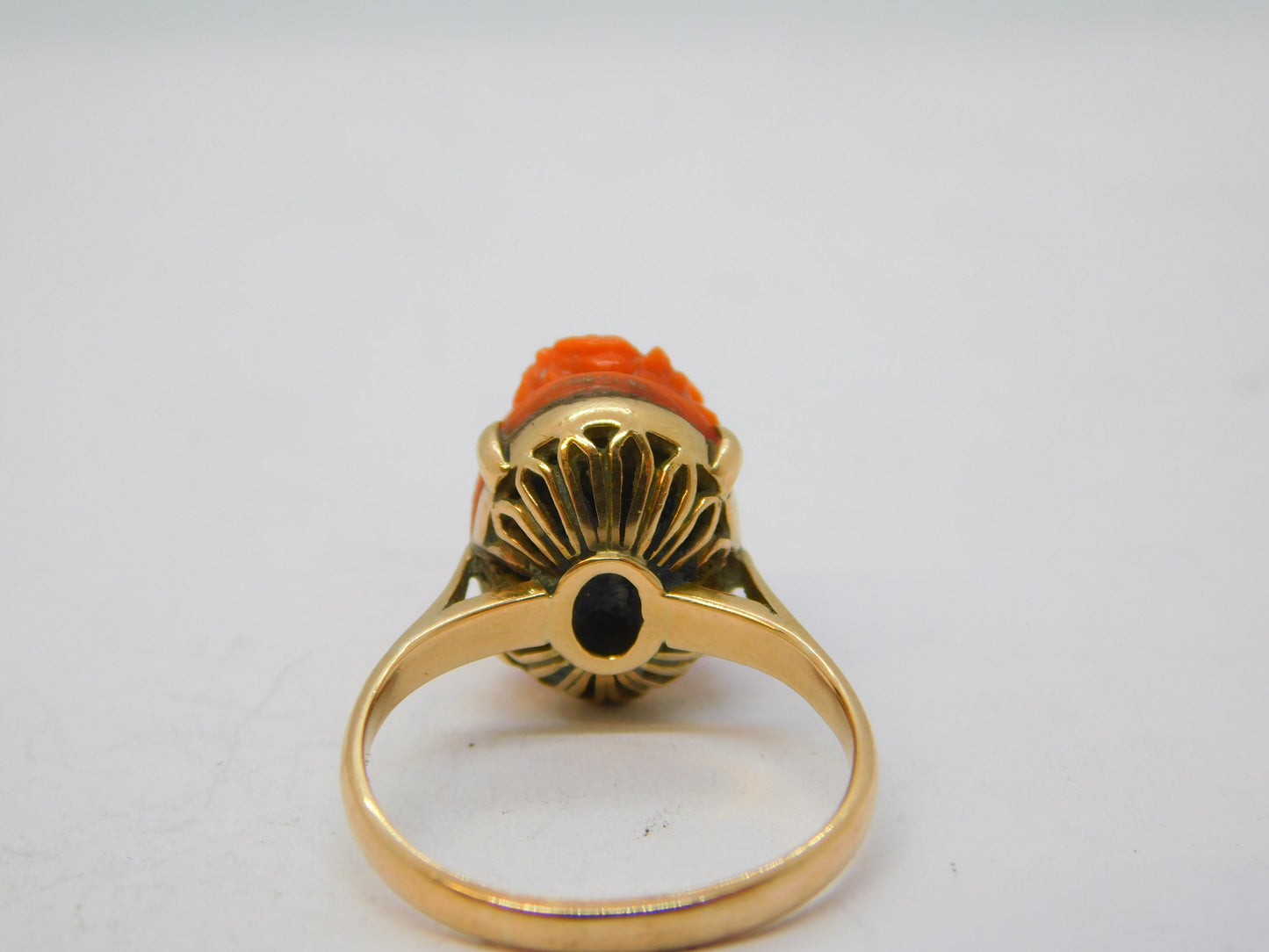 19th Century 15ct Gold Carved Red Coral Cameo Dress Ring Antique c1860