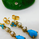 9ct Gold Victorian Style Pearl & Turquoise Drop Earrings Vintage 1991 London