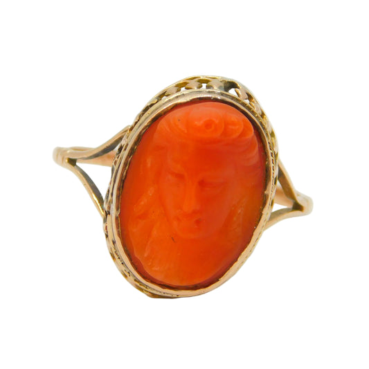 19th Century 15ct Gold Carved Red Coral Classical Cameo Dress Ring Antique c1860