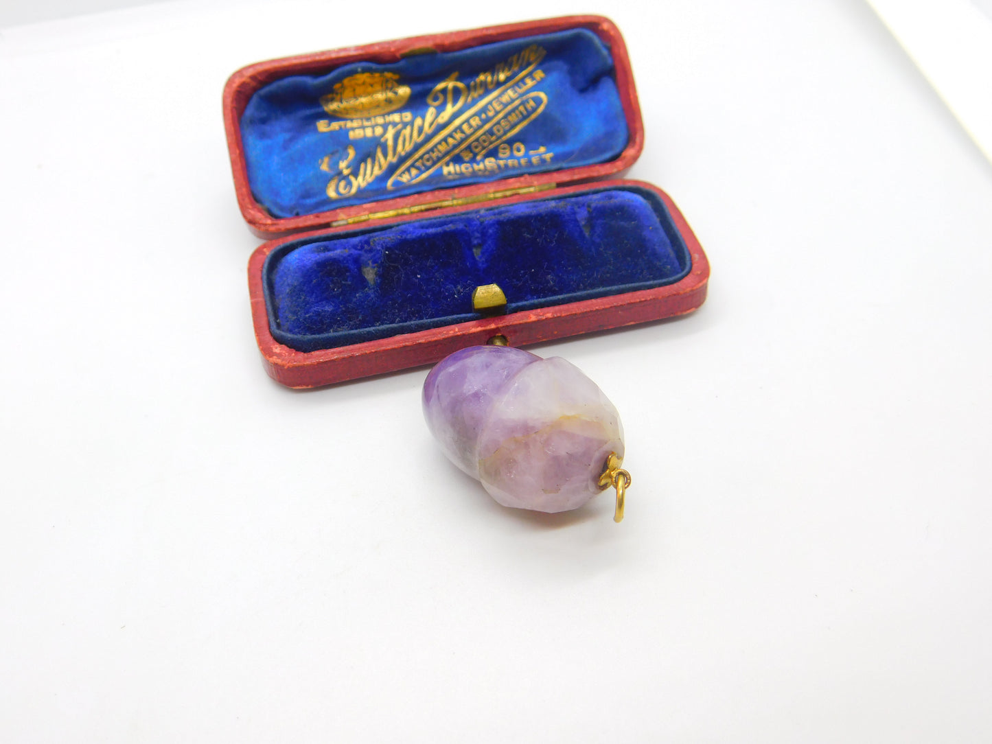 9ct Gold & Carved Amethyst Lucky Acorn Drop Pendant Antique c1920 Art Deco