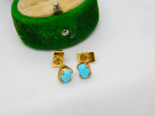 9ct Yellow Gold & Cabochon Turquoise Stud Earrings Vintage c1970