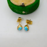 9ct Yellow Gold & Cabochon Turquoise Stud Earrings Vintage c1970