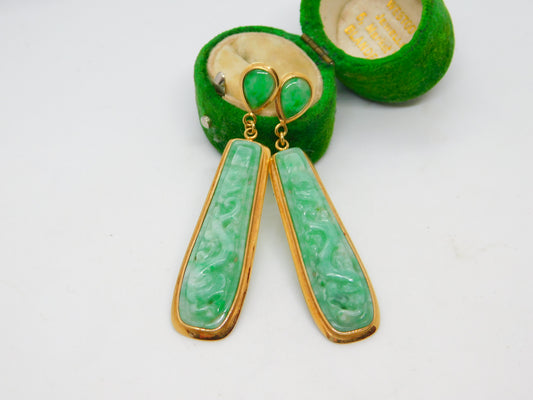 18ct Yellow Gold Carved Apple-Green Jade Drop Earrings Vintage c1970