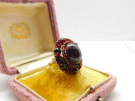 Austro-Hungarian Victorian 9ct Gold & Bohemian Garnet Large Floral Ring Antique