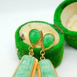 18ct Yellow Gold Carved Apple-Green Jade Drop Earrings Vintage c1970