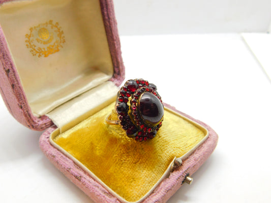 Austro-Hungarian Victorian 9ct Gold & Bohemian Garnet Large Floral Ring Antique