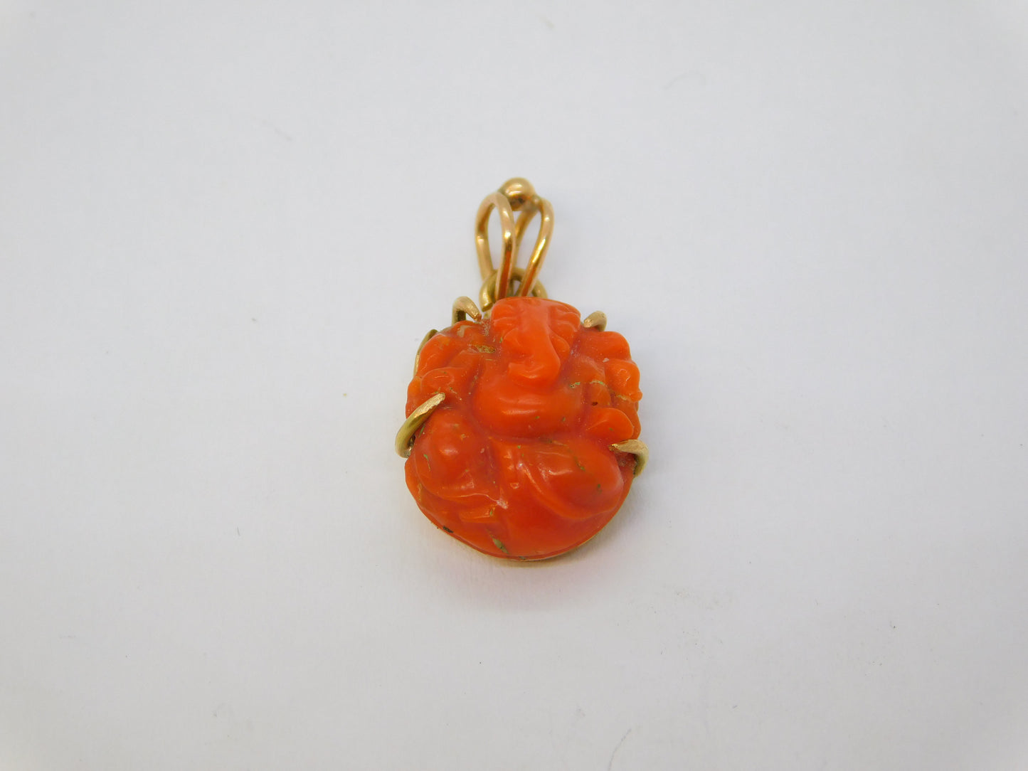 19th Century 15ct Gold Carved Red Coral Ganesh Hindu Pendant Antique c1860