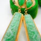18ct Yellow Gold Carved Apple-Green Jade Drop Earrings Vintage c1970