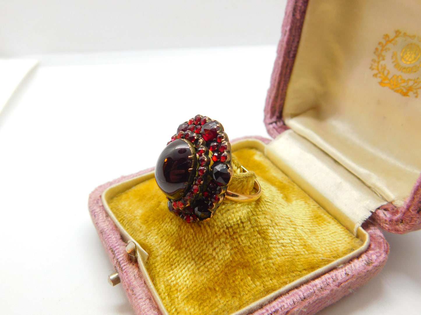 Austro-Hungarian Victorian 9ct Gold & Bohemian Garnet Large Floral Ring Antique