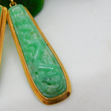 18ct Yellow Gold Carved Apple-Green Jade Drop Earrings Vintage c1970